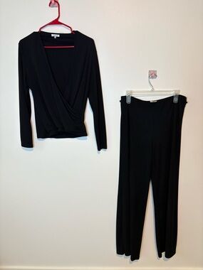 Platinum by Dorothy Schoelen Women's Black Faux-Wrap Top & Wide-Leg Pants Set